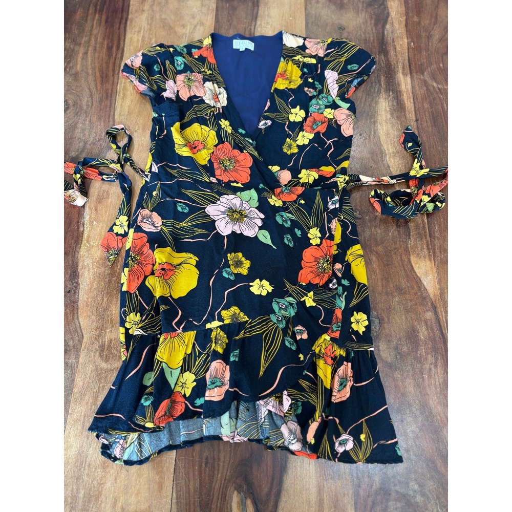 XIX PALMS wrap dress women size 4 navy blue floral ruffle mini rayon travel